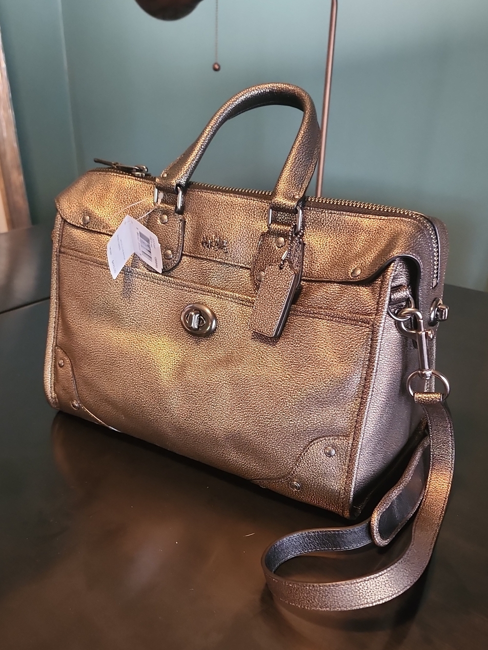 NWT Coach Rhyder 32 Metallic Pebble Leather Satchel Crossbody Bag QBBRRS